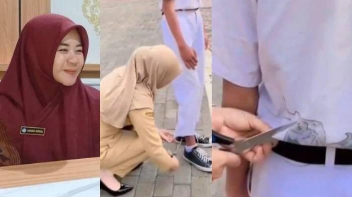 GUNTING SERAGAM SISWA - Guru SMP PGRI 5 Sukodono, Sragen, Anggrek Anggarayani saat mendatangi Dinas Pendidikan dan Kebudayaan Kabupaten Sragen untuk memberikan klarifikasi video dirinya yang viral karena memotong seragam siswanya, Selasa (22/4/2025). Ia akhirnya meminta maaf.