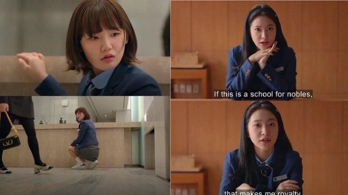 Karakter Kim Hye In (Lee Eun Saem) sebagai tokoh utama dalam drama Korea Bitch X Rich dan Baek Jenna (Yeri), ratu sekolah yang menjadi tersangka utama.