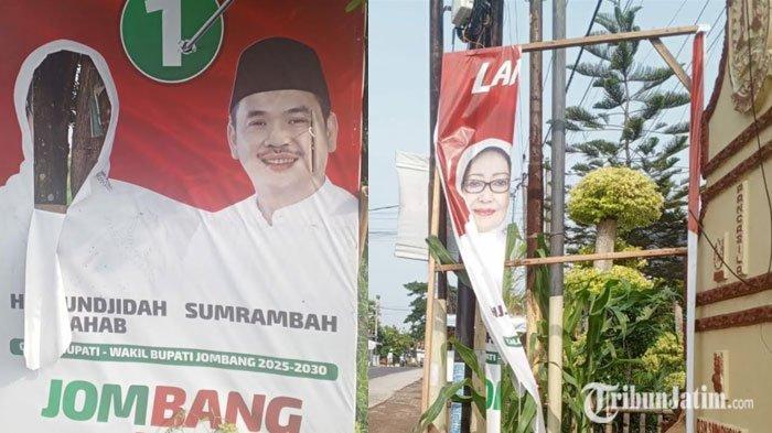 Banner paslon nomer urut 1 Mundjidah Wahab dan Sumrambah di Desa Cukir dan Ceweng Jombang yang diduga dirusak orang tak dikenal