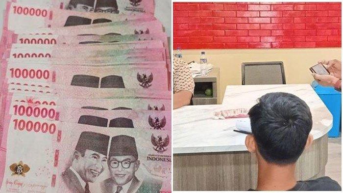 JUAL IPHONE COD - Wahyu Andikha (18) saat membuat laporan di Polrestabes Palembang, Senin (23/6/2025). Wahyu mengaku dibayar memakai uang palsu oleh orang yang membeli iPhone 13 miliknya seharga Rp4,8 juta dengan cara COD.