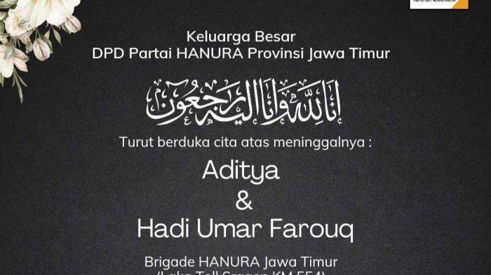 DPD Hanura Jawa Timur menyampaikan duka mendalami atas kecelakaan anggotanya di ruas tol Solo-Ngawi KM 554-A, Minggu (4/2/2024).