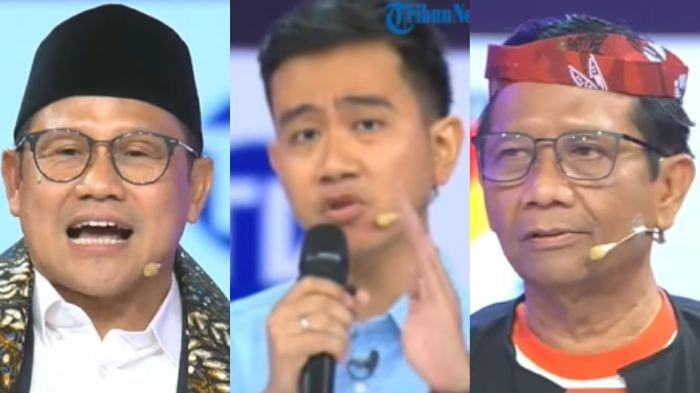 Cawapres Muhaimin Iskandar alias Cak Imin, Gibran Rakabuming Raka, dan Mahfud MD dalam Debat Cawapres 2024 perdana Jumat (22/12/2023).