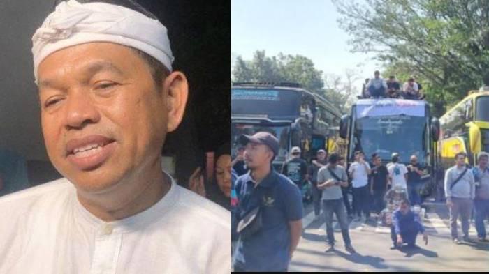 LARANGAN STUDY TOUR - (Kiri) Potret Gubernur Jabar Dedi Mulyadi. (Kanan) Sejumlah sopir, kernet bus dan pelaku usaha pariwisata di Jawa Barat, melakukan aksi unjuk rasa di halaman Gedung Sate, Kota Bandung, Jabar, pada Senin (21/7/2025).