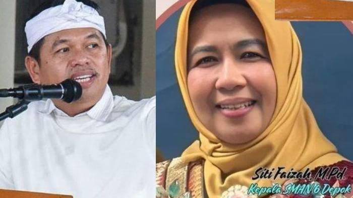 KEPALA SEKOLAH DICOPOT - (Kiri) Kolase foto Gubernur Jawa Barat terpilih, Dedi Mulyadi memberikan keterangan pers seusai menjalani pemeriksaan Kesehatan di kompleks Kementerian Dalam Negeri, Minggu (16/2/2025) dan Kepala SMAN 6 Depok, Siti Faizah MPd yang diambil dari Instagram sekolah, Jumat (21/2/2025) (Kanan).
