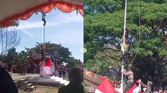 Detik-detik Bripka Suparno naik tiang demi memperbaiki tali bendera