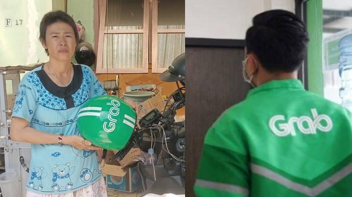DRIVER RIBUT DENGAN KONSUMEN - (Kiri) Rosdewi (40) sedang berdiri di samping sepeda motor miliknya dan kardus hasilnya memulung, Selasa (22/7/2025). (Kanan) Ilustrasi layanan Grab.