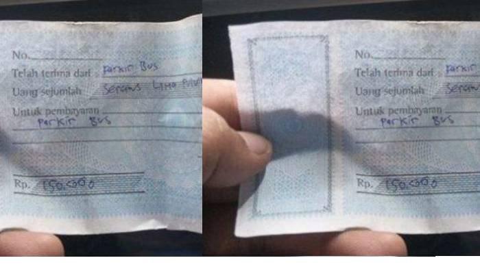 Foto kuitansi getok tarif parkir liar sebesar Rp 150 ribu di Bandung Zoo.