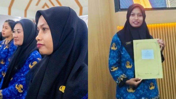 PENGANGKATAN - Guru Supriyani menerima SK pengangkatan sebagai ASN PPPK setelah mengabdi 16 tahun sebagai guru honorer di Konawe Selatan, Sulawesi Tenggara. Kini Guru Supriyani tak lagi menerima gaji Rp300 ribu sebulan, namun Rp3 juta lebih. Supriyani bersyukur dan senang, Senin (19/5/2025).