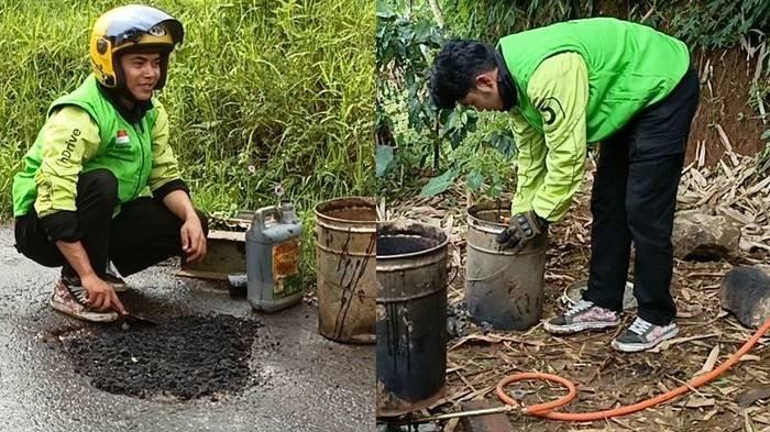 SOSOK OJOL MULIA - Hasan Fiidel (24) driver ojek online saat tengah menambal salah satu jalan berlubang di Kecamatan Ciwidey, Kabupaten Bandung, Jawa Barat, Minggu (18/5/2025).