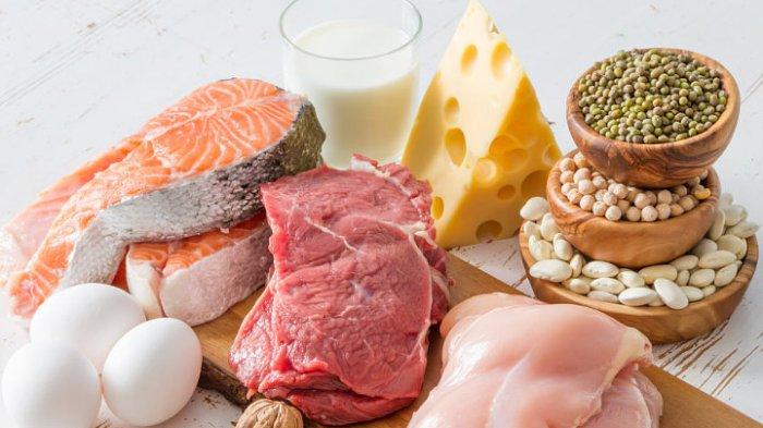 Ilustrasi menu diet dan makanan yang mengandung protein dan lemak.