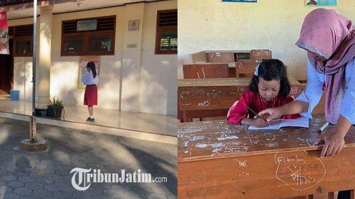 Ira menjadi satu-satunya siswa kelas 1 di SDN 1 Setono, Ponorogo, saat awal tahun ajaran baru
