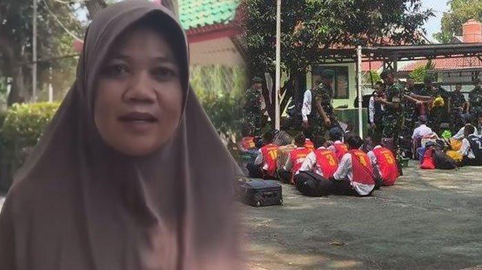 INGIN TITIPKAN ANAK - Salah satu orang tua di Karawang, Juju, mengaku ingin menitipkan anaknya ke barak militer. Para pelajar saat mengikuti pendidikan berkarakter di Resimen Artileri Medan 1 Sthira Yudha, Batalyon Artileri Medan 9, Kabupaten Purwakarta, Kamis (1/5/2025).