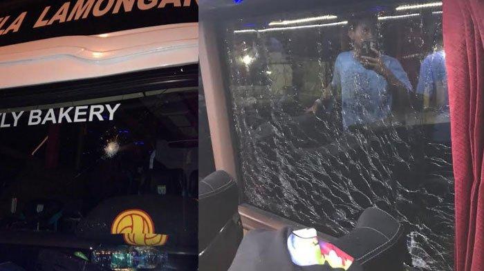 Kaca bus Persela Lamongan dilempari batu saat perjalanan pulang lawan Persijap Jepara, Minggu (5/11/2023).