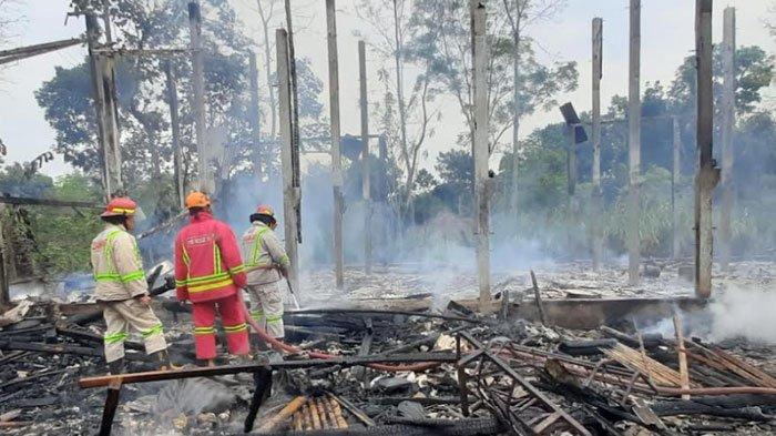 Petugas Damkar Kabupaten Malang memadamkan api di kandang ayam Desa Bambang, Kecamatan Wajak, Kabupaten Malang, Selasa (25/6/2024)