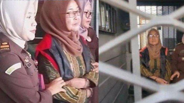 KOLAM RENANG - Mantan Kepala Desa Gemarang, Suprapti, dibawa dari ruang pemeriksaan untuk dimasukkan ke dalam kendaraan tahanan. Suprapti ditetapkan sebagai tersangka dugaan kasus korupsi pembangunan kolam renang di Dusun Mundu, Desa Gemarang, lantaran mengalami kerugian hingga Rp 1 Miliar.