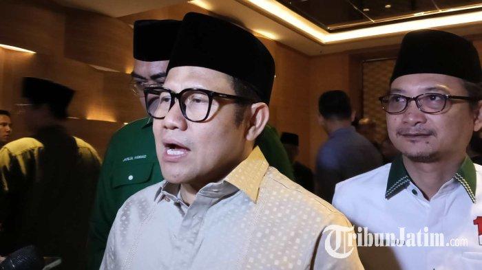 Ketua Umum PKB Muhaimin Iskandar disela kegiatan pembekalan bakal calon kepala daerah tingkat Kabupaten/kota se Jawa Timur yang berlangsung di Hotel Vasa Surabaya, Sabtu (4/5/2024).