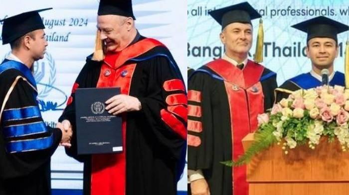 Kolase foto Raffi Ahmad mendapat gelar Doktor Honoris Causa dari Universal Institute of Professional Management (UIPM) Thailand.