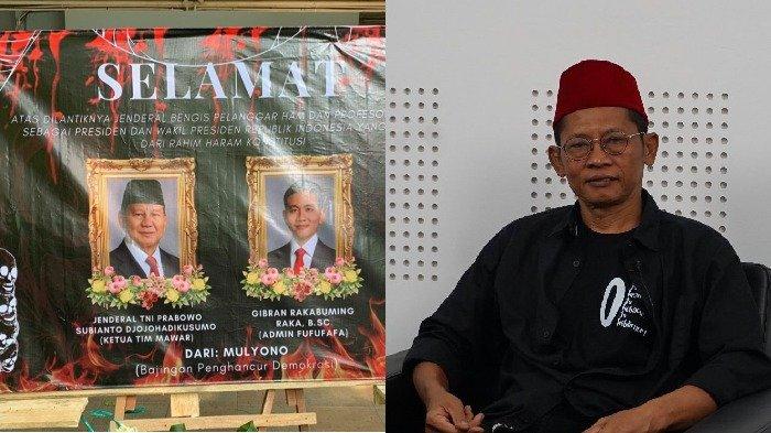 Kolase karangan bunga dari BEN FISIP Unair kepada Prabowo-Gibran, dan foto Ketua Jaringan Arek Ksatria Airlangga (JAKA) Teguh Prihandoko, dalam artikel berjudul 