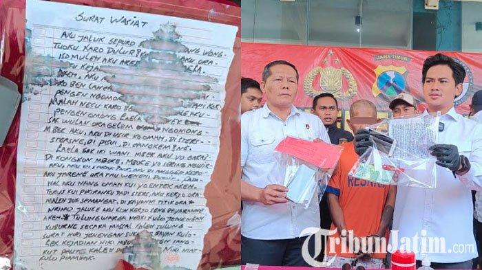 Kolase surat wasiat pelaku dan Kasat Reskrim Polres Kediri, AKP Rizkika Atmadha Putra menunjukkan barang bukti dalam ungkap kasus pembunuhan wanita dalam karung di Kediri, Senin (17/7/2023).