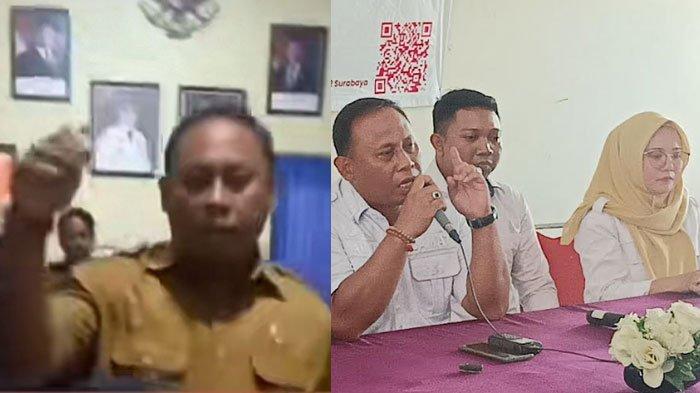 Kolase video viral Camat Asemrowo Surabaya, Muhammad Khusnul yang dituduh sembunyikan wanita di kantor. dan foto saat Camat Asemrowo berikan penjelasan di Kantor Kecamatan, Rabu (8/1/2025).