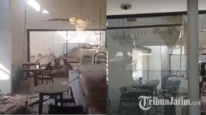 Kondisi kafe di Jalan Imam Bonjol No 21, DR. Soetomo, Tegalsari, Surabaya, yang porak-poranda usai terjadi ledakan, Kamis (17/8/2023).