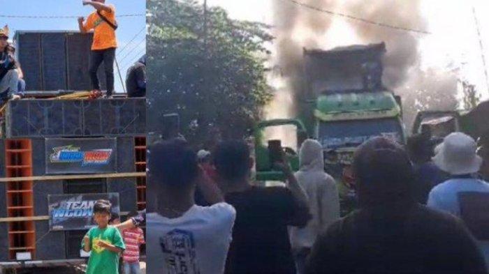 Foto hanya ilustrasi sound system (kiri). Kondisi sound system di Jember yang alami kebakaran dan membuat warga kocar kacir berhamburan saat karnaval berlangsung, Minggu (10/9/2023) (kanan).