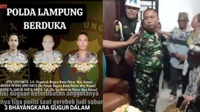 PENEMBAKAN 3 POLISI -  (foto kiri) Tiga anggota polisi Way Kanan, Lampung, yang meninggal saat menggerebek judi sabung ayam, Senin (17/5/2025), dan (foto kanan) Kopka Basarsyah, terduga pelaku penembakan tiga anggota polisi tersebut ditangkap pada Selasa (18/3/2025) pagi.