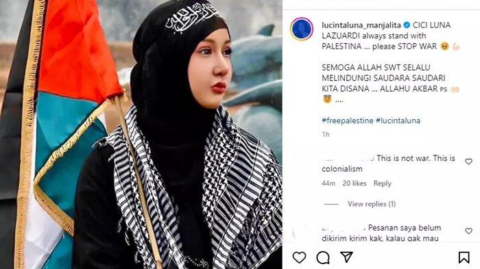 Lucinta Luna menyuarakan dukungannya untuk Palestina. Lewat unggahan foto di Instagram, Lucinta Luna berpose sambil memakai pakaian serba hitam dan memegang bendera Palestina seolah ia siap berjihad sebagai pejuang Hamas.