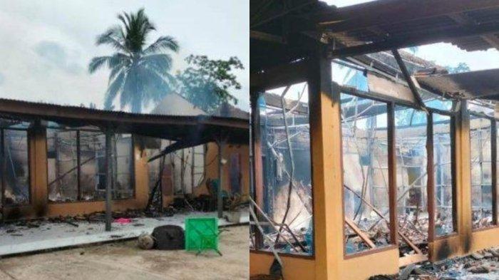 LURAH KORUPSI BANSOS - Kondisi rumah Kepala Kampung (lurah) Gunung Agung, Terusan Nunyai, Lampung Tengah, Sukardi, hangus dibakar warga, Sabtu (17/5/2025). Pembakaran dipicu kekesalan warga lantaran Sukardi, si lurah menjual beras bansos seharga Rp 36 juta.