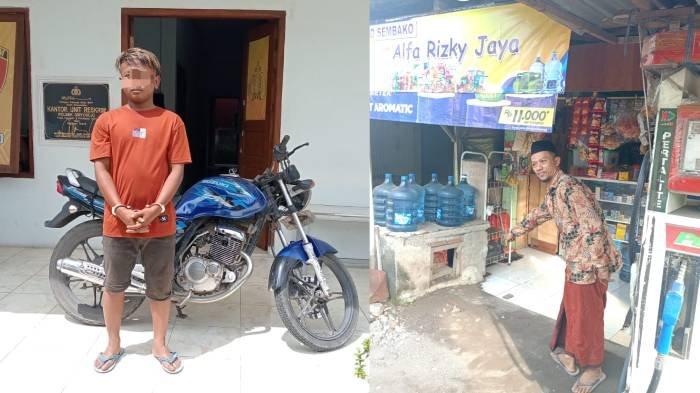 Tersangka AR beserta barang bukti motor Suzuki Thunder diamankan di Mapolsek Driyorejo, dan Korban Zainullah menunjukkan lokasi sepeda motornya terpakir di toko Madura miliknya di Desa Krikilan, Kecamatan Driyorejo