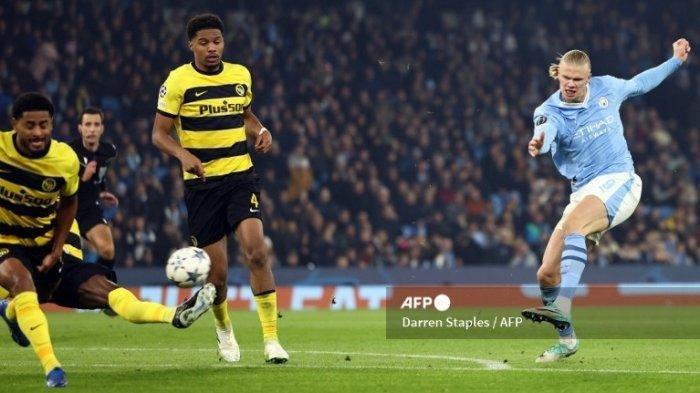 TEMBAKAN HAALAND - Striker Manchester City asal Norwegia #09 Erling Haaland mencetak gol ketiga timnya pada pertandingan sepak bola leg kedua Grup B Liga Champions UEFA antara Manchester City dan Young Boys di Stadion Etihad di Manchester, barat laut Inggris, pada 7 November 2023.