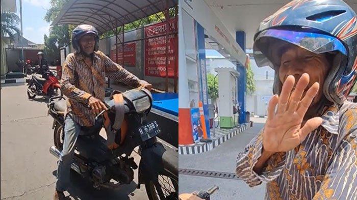 Mbah Paimo dorong motor 13 km karena kehabisan bensin. Ia ingin membeli bensin tapi tidak memiliki uang.