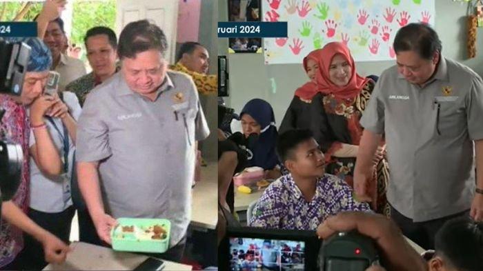 Menko Perekonomian, Airlangga Hartarto saat hadir di simulasi makan siang gratis di sekolah