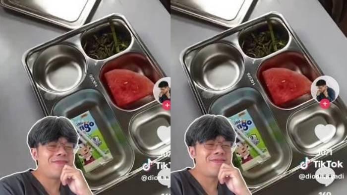Menu makan siang gratis yang viral isi semangka dan kangkung saja.