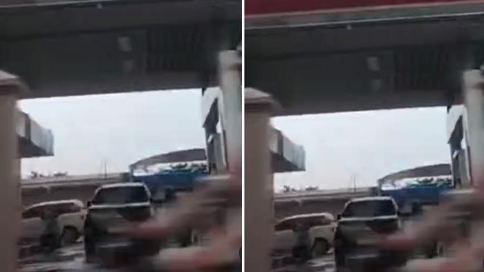 SPBU TERSEGEL - Tangkapan layar video mobil  jenis Mitsubishi Pajero Sport Dakar berwarna hitam dengan pelat dinas Polri 245 XXX sedang mengisi BBM di dispenser jenis Pertamina Dex, Dexlite dan Bio Solar di SPBU tersegel. SPBU ini berlokasi di Jalan Jenderal Sudirman, Ciceri, Kota Serang, Banten.
