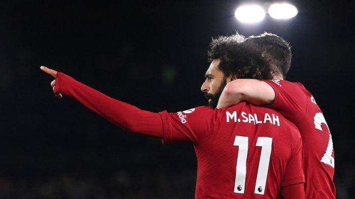 Mohamed Salah usai mencetak gol untuk Liverpool