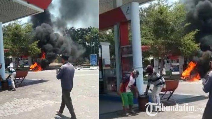 Motor warga terbakar di SPBU Lamongan, Kecamatan Arjasa, usai isi BBM, Selasa (24/10/2023).