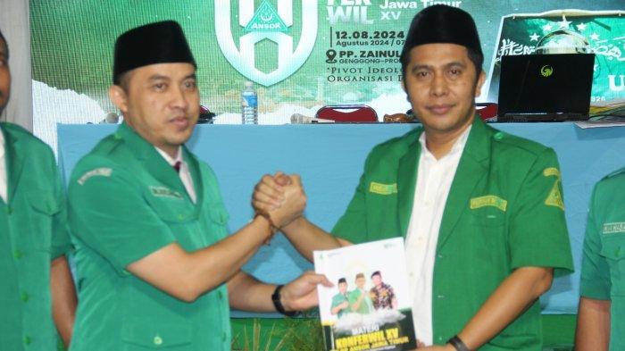 Musyaffa' Safril yang terpilih aklamasi sebagai Ketum PW GP Ansor Jatim di Konferwil Ansor ke XV di Ponpes Genggong, Senin (12/8/2024).