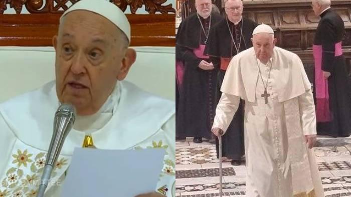 NASIHAT PAUS - (Kiri) Paus Fransiskus memimpin misa akbar di GBK. (Kanan) Paus Fransiskus saat berpidato di hadapan Korps Diplomatik yang terakreditasi, di Hall of Benedict, Vatikan, Senin (8/1/2024).