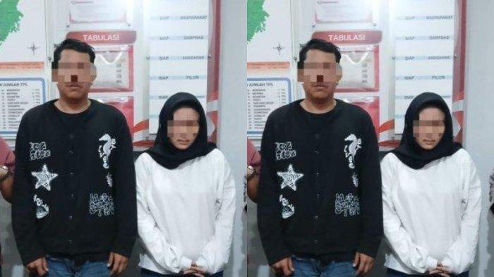 KASUS PENIPUAN - Tersangka Fiki bersama istrinya Widya di Mapolsek Cerme, Jumat (2/5/2025). Mereka bersekongkol untuk menipu pemuda Cerme, Gresik, Jawa Timur dan meminta uang hingga Rp 47 juta.