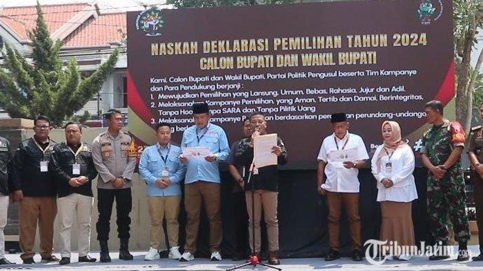 pasangan calon (Paslon) Bupati dan Wakil Bupati Ponorogo, kemudian digelar deklarasi kampanye damai oleh Komisi Pemilihan Umum (KPU) Ponorogo, Senin (23/9/2024).