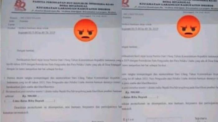 SUMBANGAN HUT RI - Tangkapan layar surat permohonan sumbangan dana untuk kegiatan HUT RI ke-80 tahun tingkat Desa Sitanggal, Kecamatan Larangan, Kabupaten Brebes, Jawa Tengah. Jumlahnya hingga Rp 500 ribu.