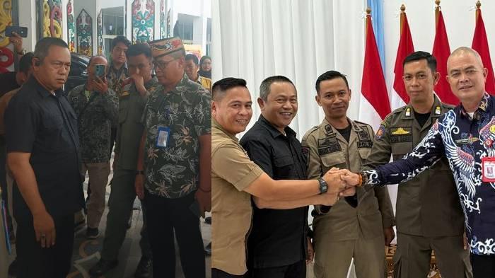 NGAMUK DITEGUR SATPOL PP - (Kiri) Petinggi Binda Kalteng (berbaju hitam) tengah berbicara di antara kerumunan seusai diduga memukul anggota Satpol PP yang bertugas di Kantor Gubernur Kalteng, Palangka Raya, Kamis (24/7/2025). (Kanan) Kasatpol PP Kalteng Baru I Sangkai bersama jajaran dan Kabag Ops Binda Kalteng Kolonel Widya bersalaman seusai mediasi di Rumah Jabatan Gubernur Kalteng, Palangka Raya, Kamis (24/7/2025).