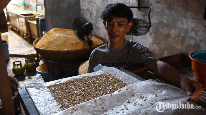 Pekerja membuat tempe berbahan kedelai di sentra industri Tempe Sanan, Kota Malang, Jawa Timur, Selasa (16/7/2024).