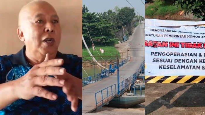 JEMBATAN PERAHU VIRAL - Haji Endang (kiri), pemilik jembatan perahu di di Desa Anggadita, Kecamatan Klari, Karawang, Jawa Barat (tengah) saat ditemui pada Selasa (29/4/2025). Jembatan itu baru-baru ini dipasang spanduk peringatan oleh Balai Besar Wilayah Sungai (BBWS) Citarum (kanan).