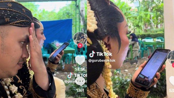 Pengantin wanita kerja meski di pelaminan, bikin suami sampai geleng kepala.