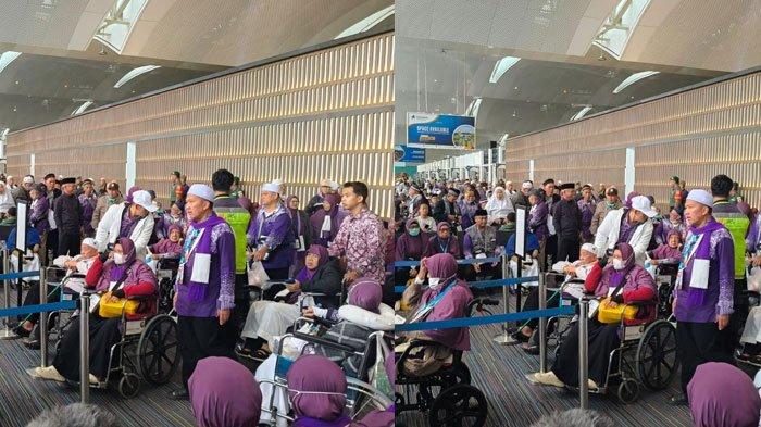 DIKIRA WISATA RELIGI - Penumpang Saudia Airlines yang merupakan jamaah haji asal Depok dan Bekasi, saat proses keberangkatan menuju Jakarta, di Bandara Kualanamu, Rabu (18/6/2025). Sebelumnya, pesawat yang mereka tumpangi mendarat darurat di Bandara Kualanamu karena adanya ancaman bom.