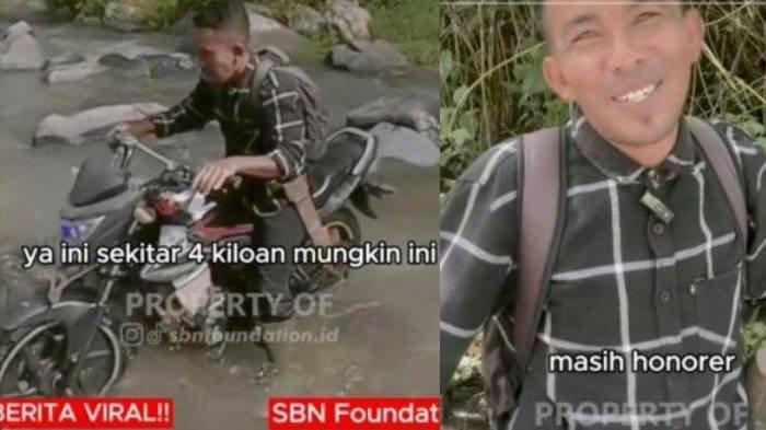CERITA GURU HONORER - Tangkapan layar Tamrin guru honorer saat dihampiri hendak berangkat ke sekolah melewati hutan dan menyeberangi sungai di pedalaman NTT, diunggah akun TikTok @sbmoundation.id dikutip (18/2/2025). Inilah kisah perjuangan guru honorer 10 tahun mengajar melewati hutan dan menyeberangi sungai di pedalaman NTT.
