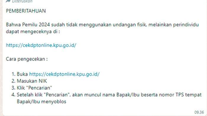 Pesan berantai di WhatsApp yang menyebut tak ada undangan fisik bagi pemilih di Pemilu 2024.