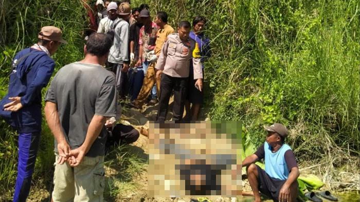TEWAS TERTIMPA HASIL PANEN - Polisi bersama warga saat mengevakuasi jenazah KHC (30) Warga Desa/Kecamatan Bubulan, petani hutan yang ditemukan meninggal dunia setelah tertimpa hasil panen singkong yang diangkut dengan sepeda motor.